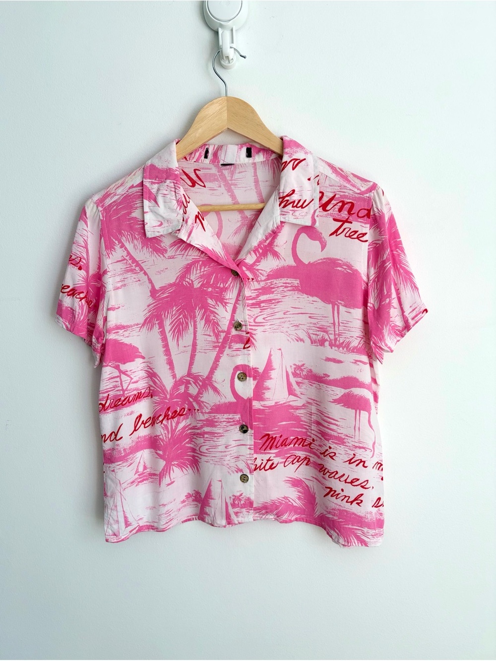 Miami Theme Pink Resortcore Flamingo Palm Print Short Sleeve Shirt M